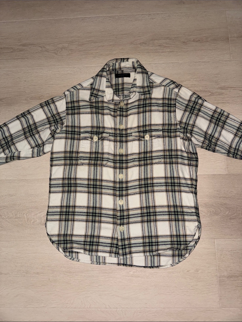 All Saints Cream/Black/Green Plaid Button-Up Shirt